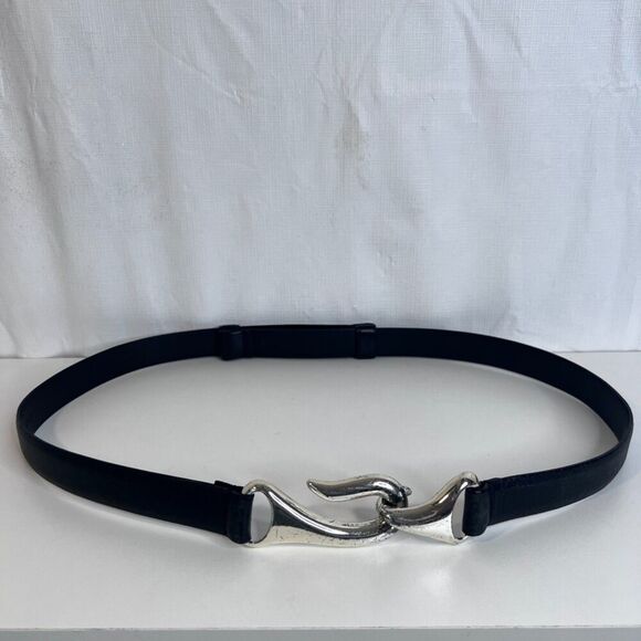 Chicos Statement Belt Silver Metal Hook Buckle Black Leather Adjustable MD** - Picture 9 of 9